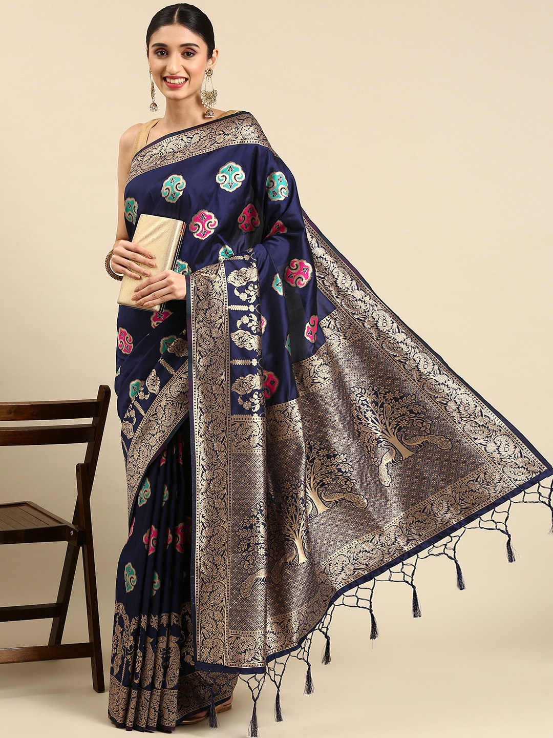 

AYKA CLOTHINGS Ethnic Motifs Woven Design Banarasi Jacquard Saree, Blue