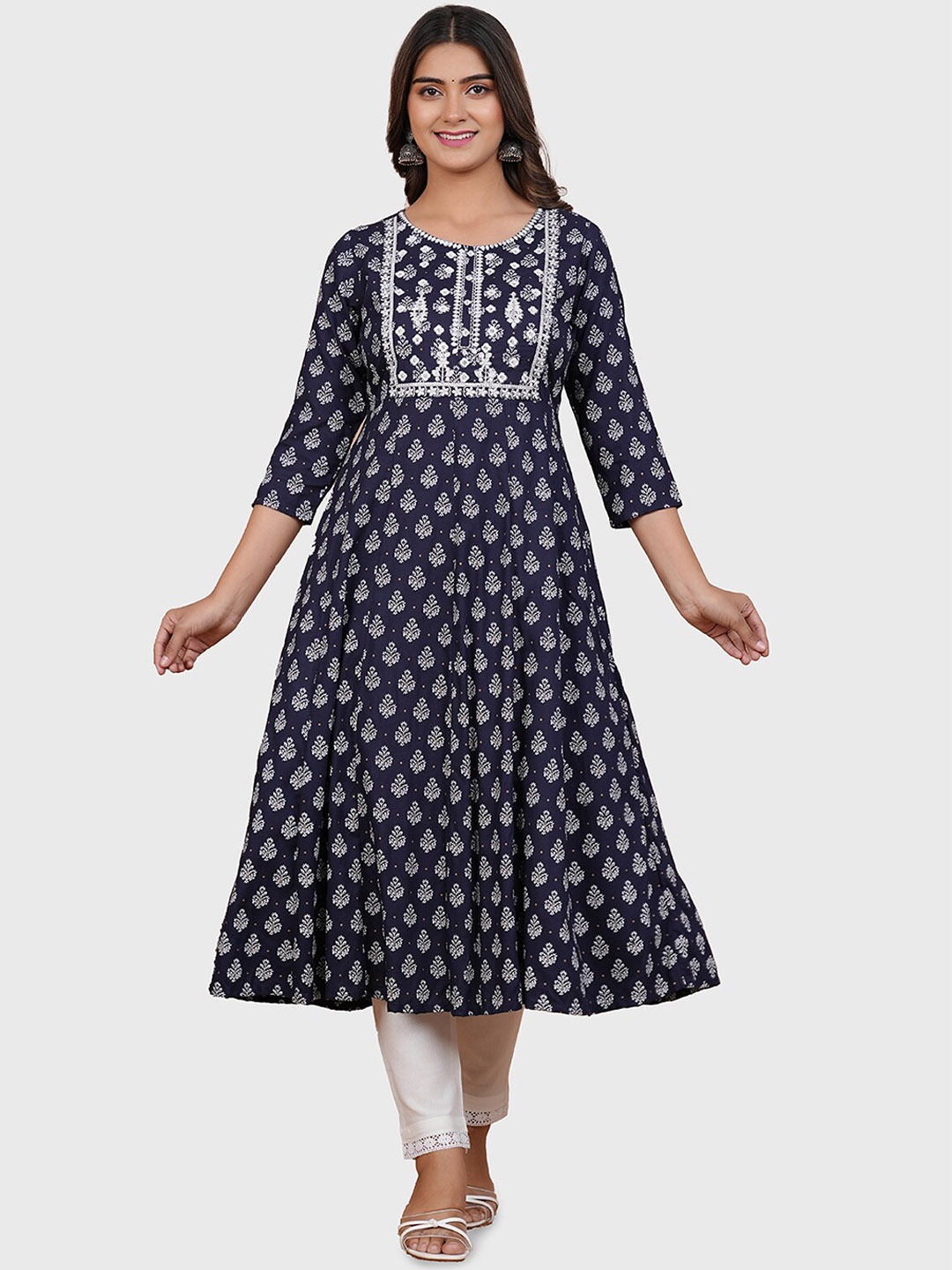 

KALINI Women Floral Printed Thread Work Kurta with Trousers, Blue