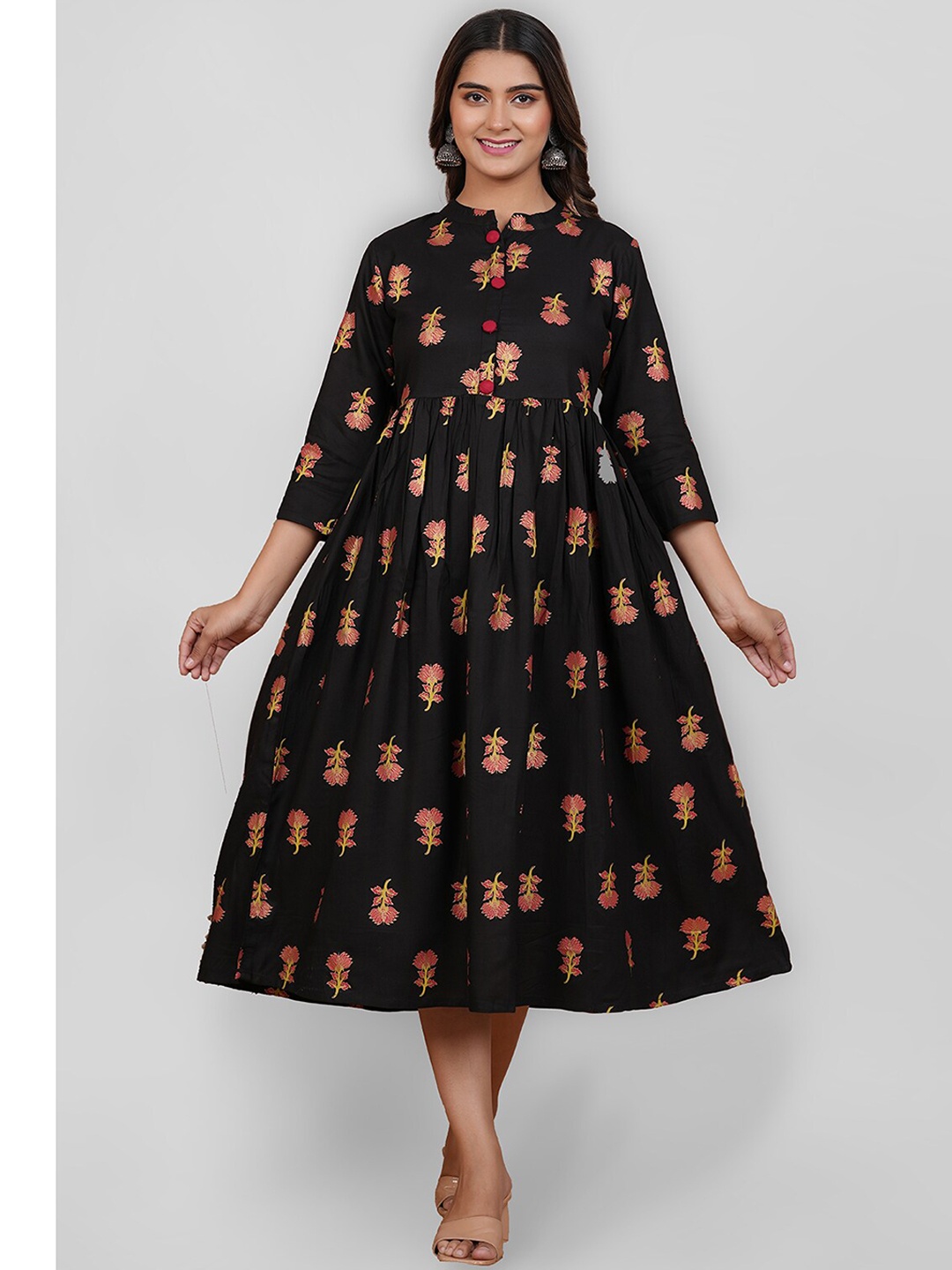 

KALINI Floral Foil Printed Mandarin Collared Anarkali Kurta, Black