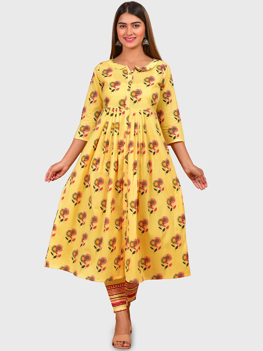 

KALINI Women Floral Printed Pleated Pure Cotton Kurta with Trousers, Yellow