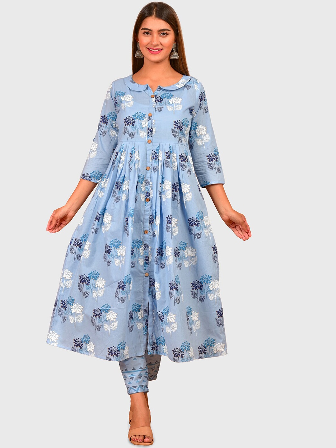 

KALINI Floral Printed Pure Cotton Kurta with Trousers, Blue