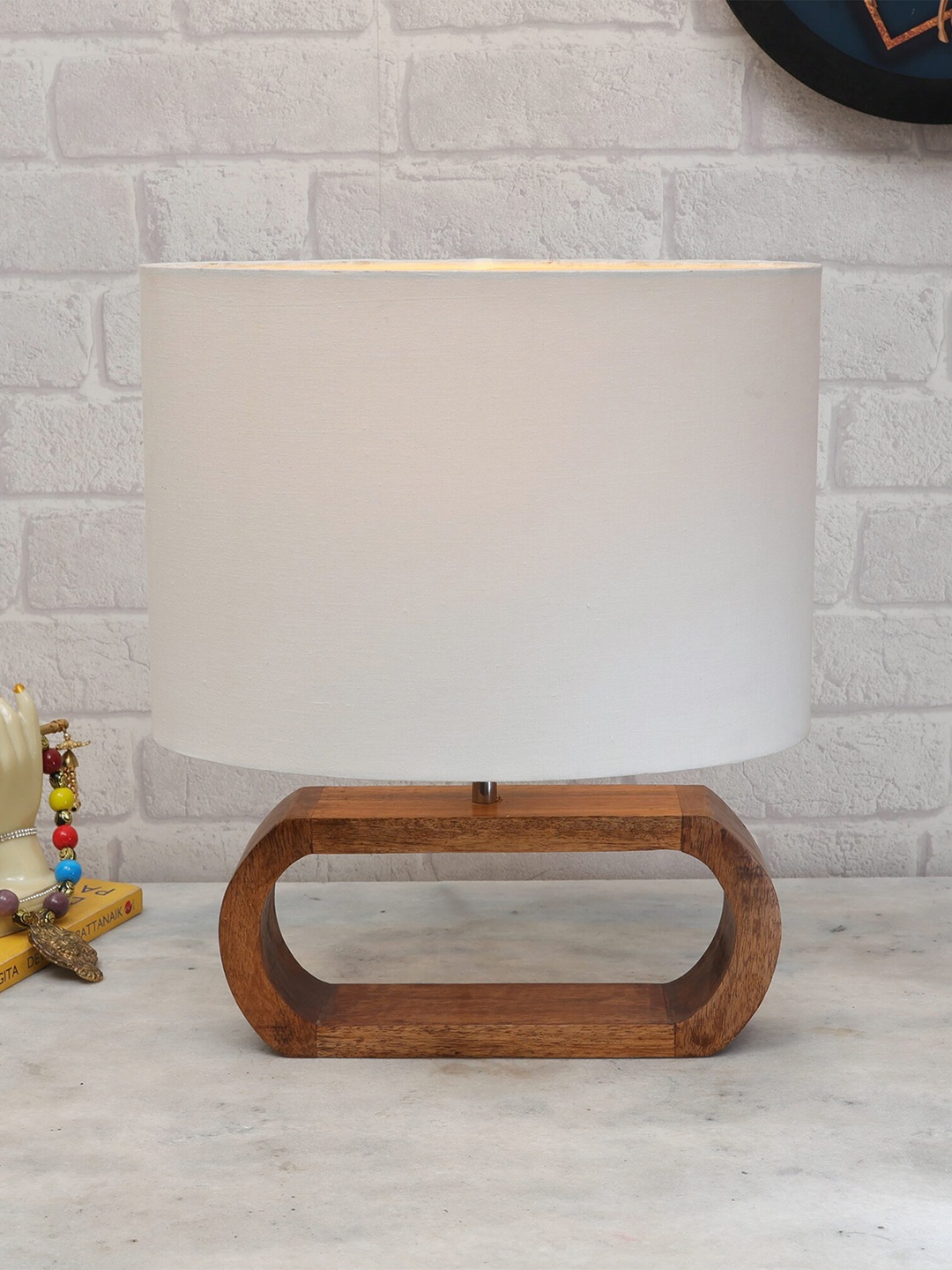 

Homesake White & Brown Walnut Oblong Wood Table Lamp With Oval Shade & LED Bulb