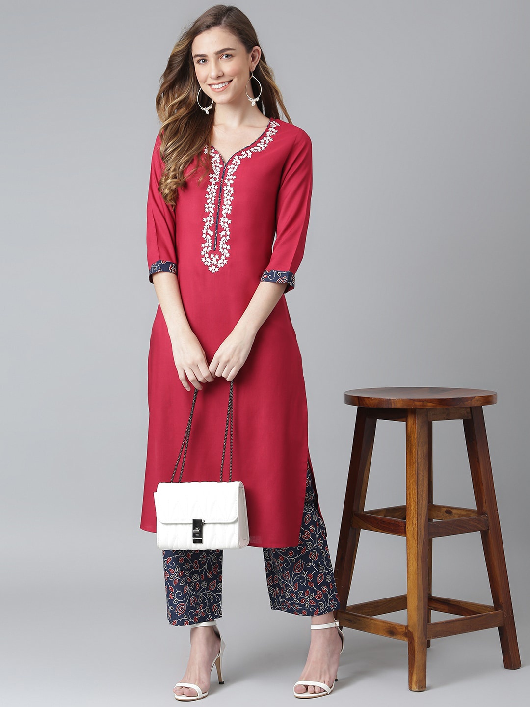 

Khushal K Floral Embroidered Kurta with Palazzos, Maroon