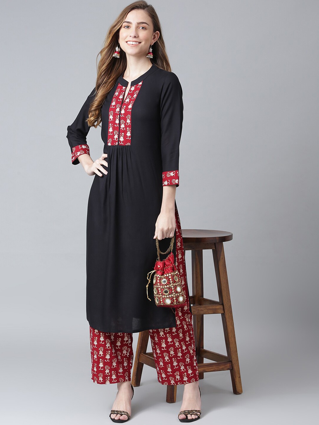 

Khushal K Women Floral Yoke Design Pleated Kurta with Palazzos, Black