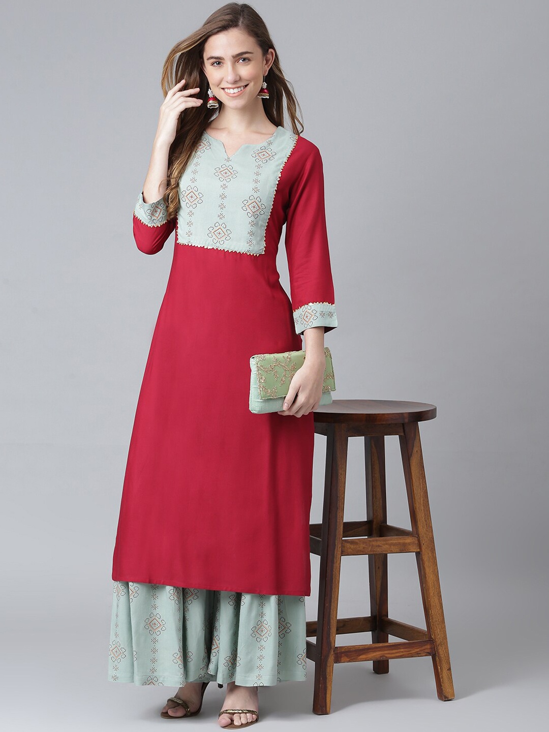 

Khushal K Women Ethnic Motifs Yoke Design Kurta with Sharara, Maroon