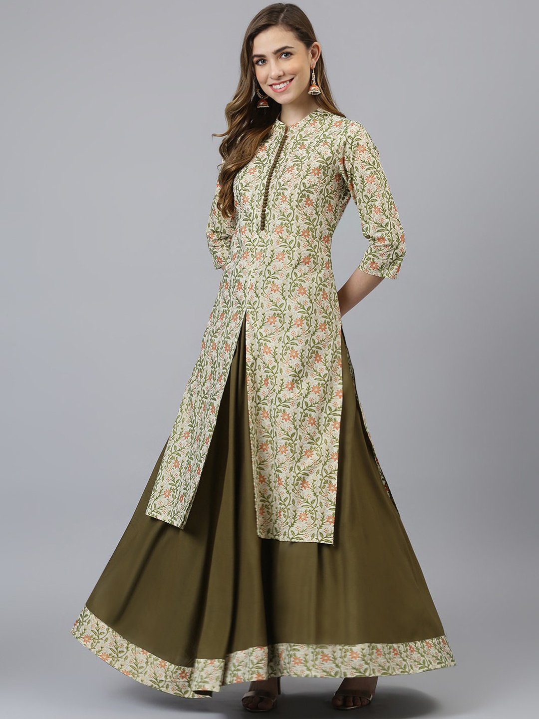 

Khushal K Women Floral Printed Kurta with Skirt, Cream