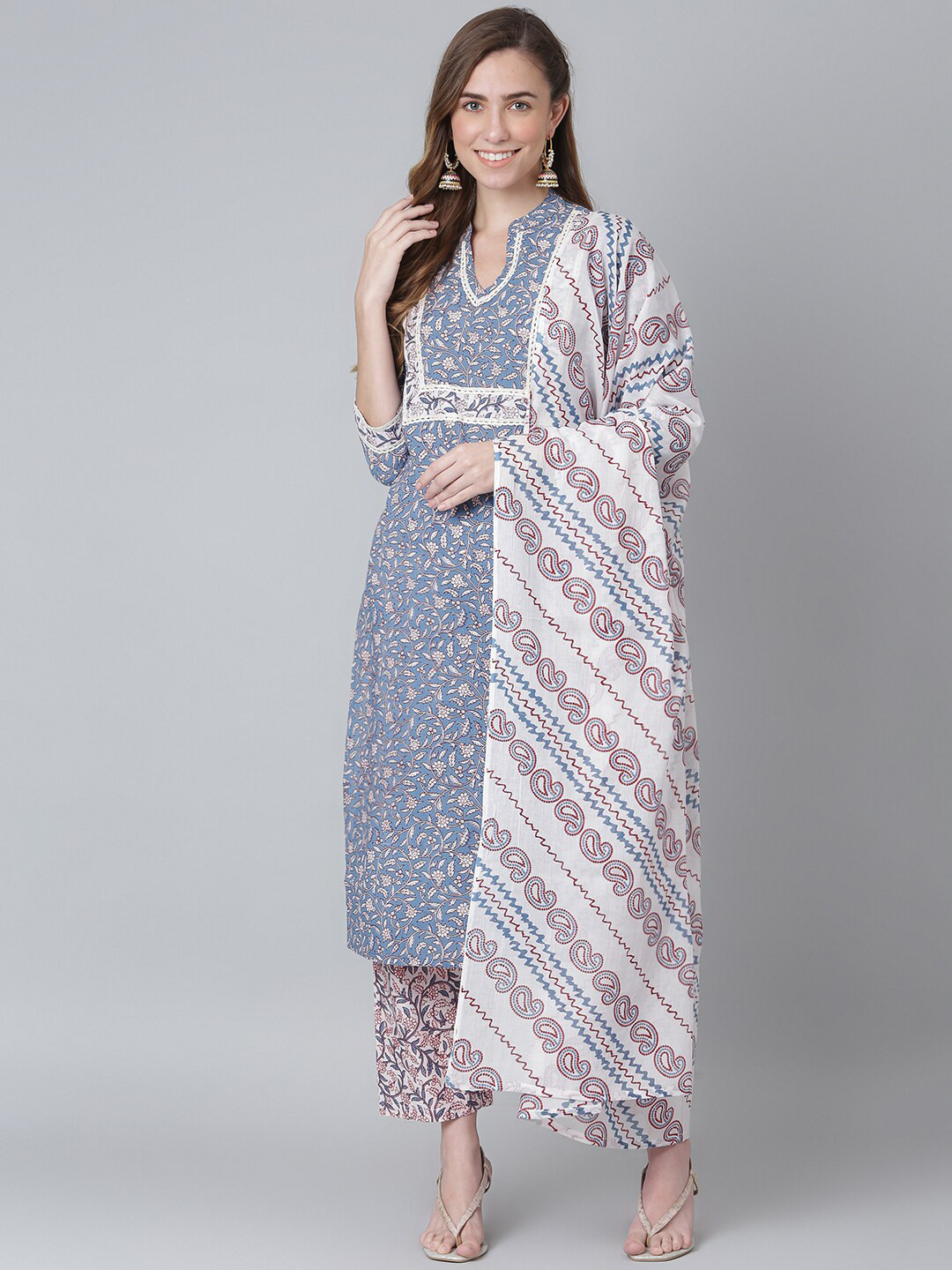 

Khushal K Women Floral Printed Pure Cotton Kurta with Trouser & Dupatta, Blue