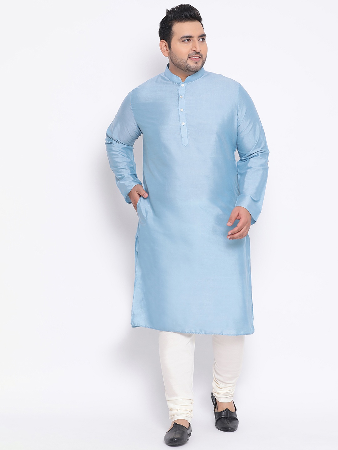 

KISAH PLUS Plus Size Mandarin Collared Cotton Silk Kurta, Blue