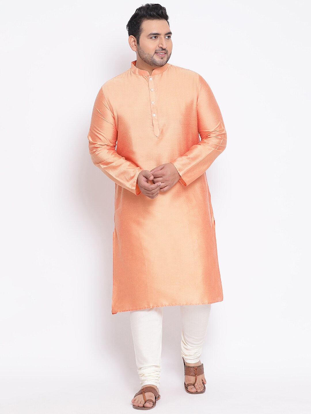 

KISAH PLUS Plus Size Mandarin Collared Cotton Silk Kurta, Peach