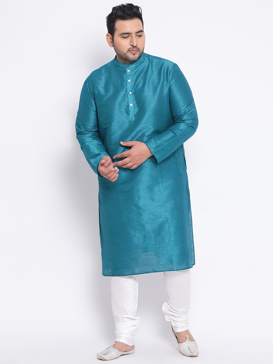 

KISAH PLUS Plus Size Mandarin Collar Cotton Silk Kurta, Teal