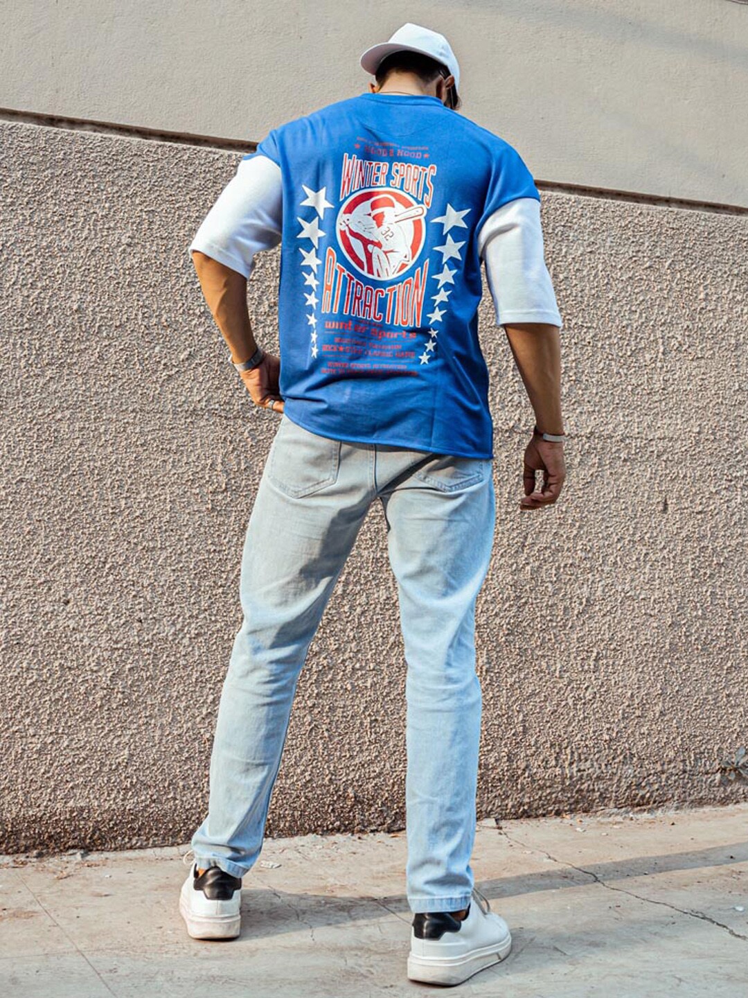 

Powerlook Men Blue Mandarin Collar Drop-Shoulder Sleeves T-shirt