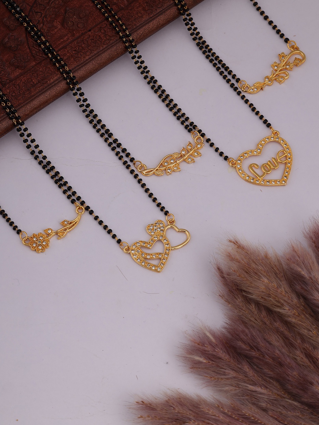 

Brado Jewellery Set Of 5 Gold-Plated & Ad Studded & Beaded Mangalsutra
