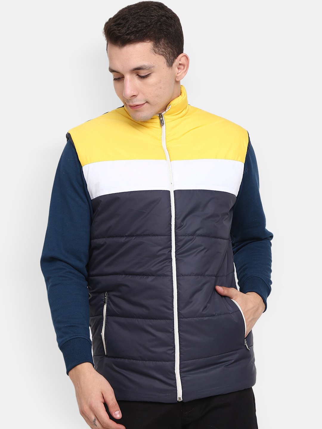 

V-Mart Men Navy Blue Colourblocked Lightweight Bomber Jacket