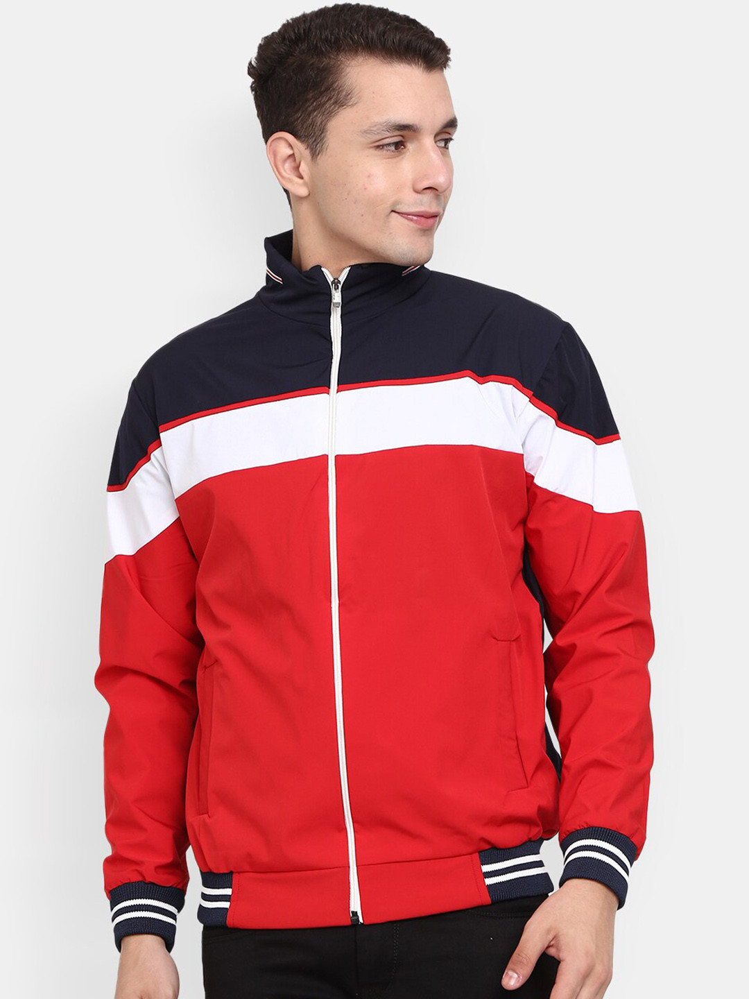 

V-Mart Men Red Colourblocked Lightweight Bomber Jacket