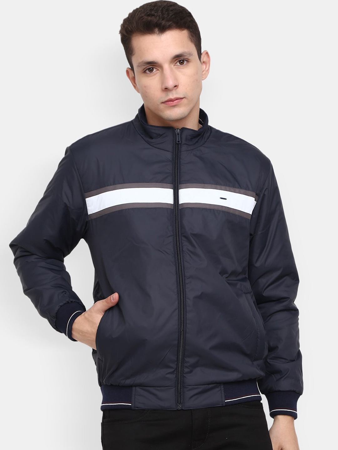 

V-Mart Men Navy Blue Colourblocked Lightweight Bomber with Patchwork Jacket