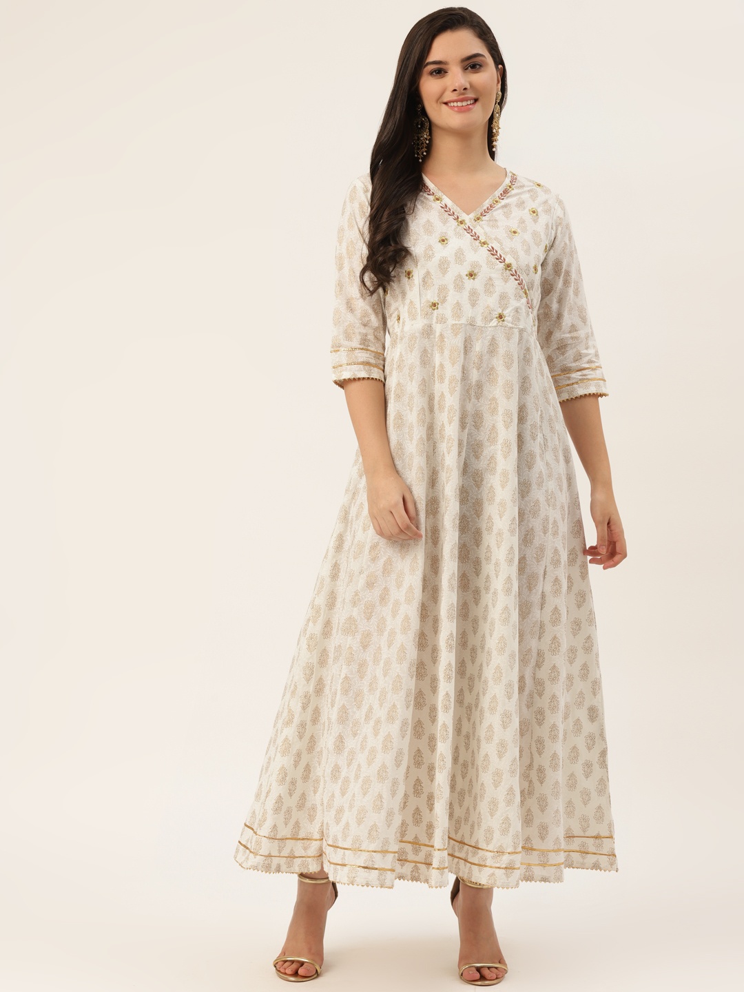 

HERE&NOW Off White Cotton Ethnic Motifs Ethnic Maxi Ethnic Dress