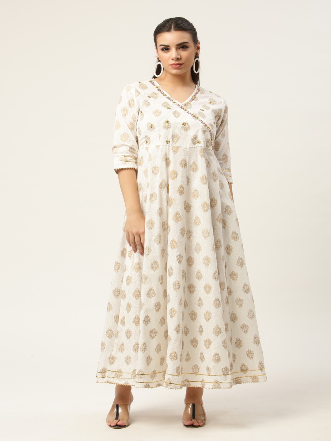 

HERE&NOW Off White Cotton Ethnic Motifs Maxi Ethnic Dress