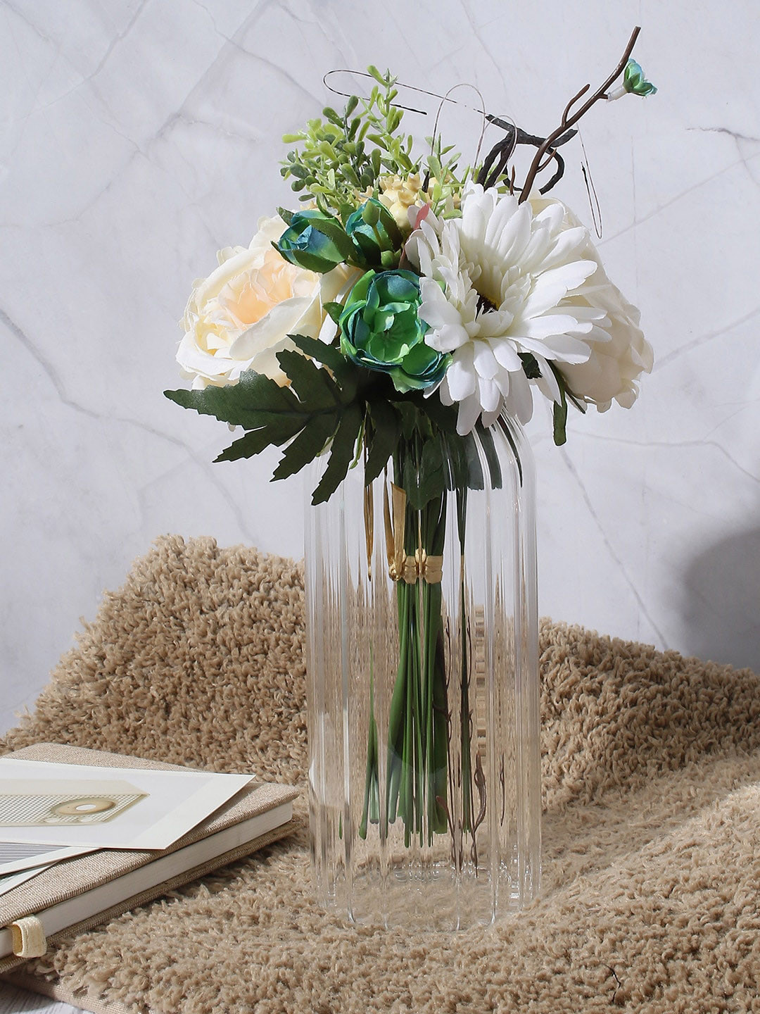 

Bonhomie White & Peach-Color Rose & Daisy Faux Decorative Flower Bouquet