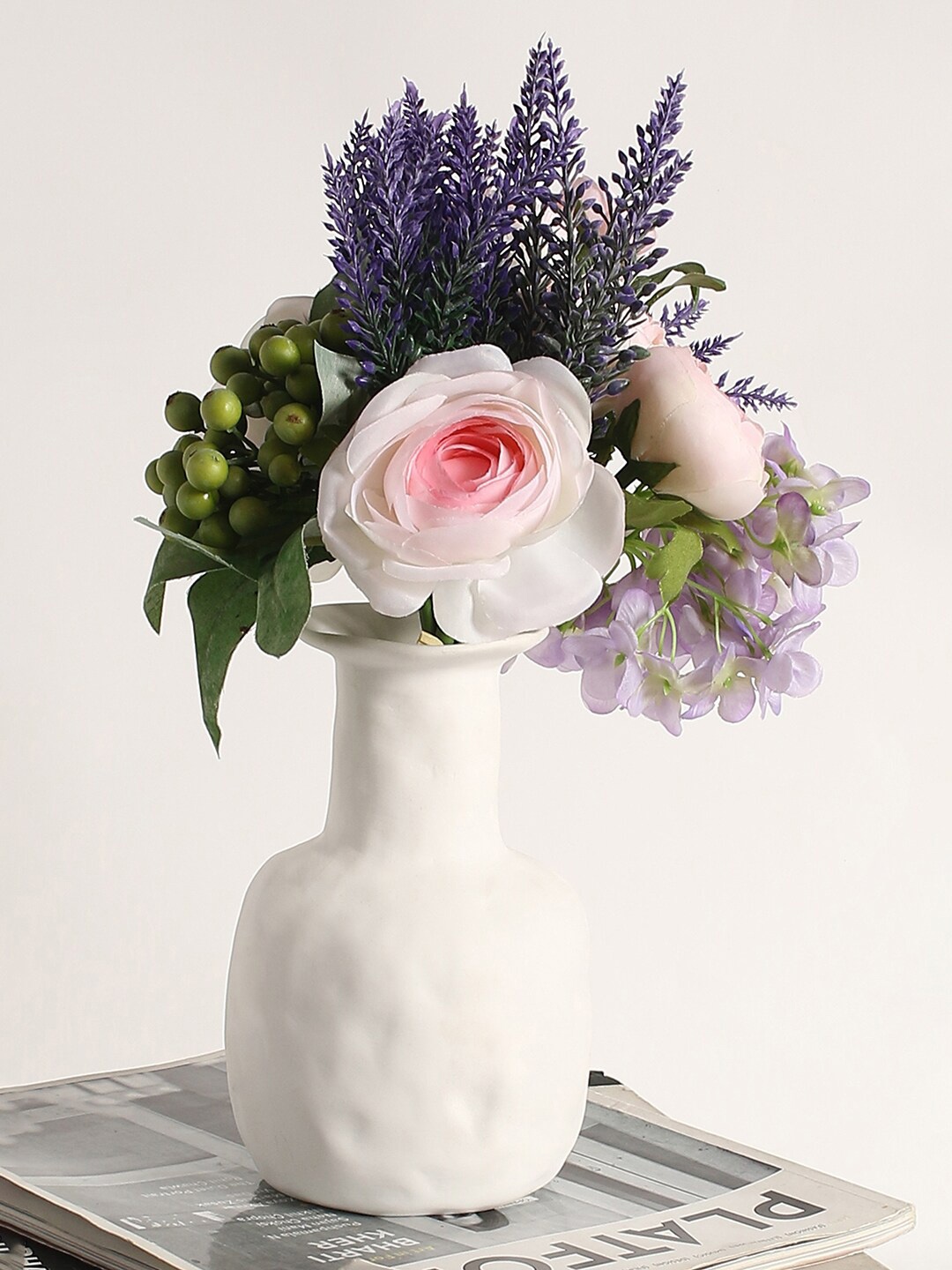 

Bonhomie Pink & Lavender Faux Rose Decorative Flower Bouquet Without Pot