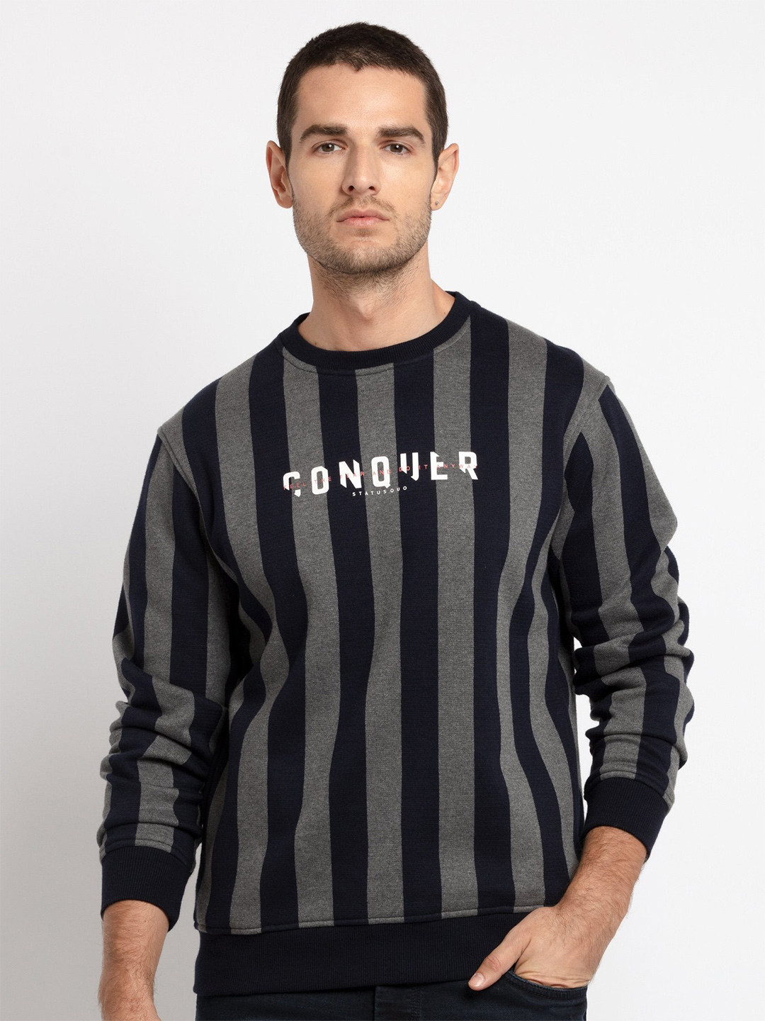 

Status Quo Men Striped Round Neck Cotton Sweatshirt, Grey