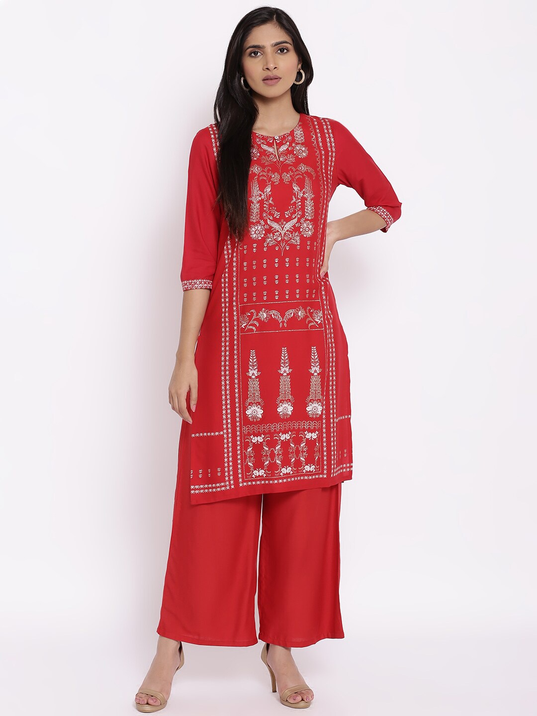 

W Women Red Floral Printed Kurta with Palazzo et