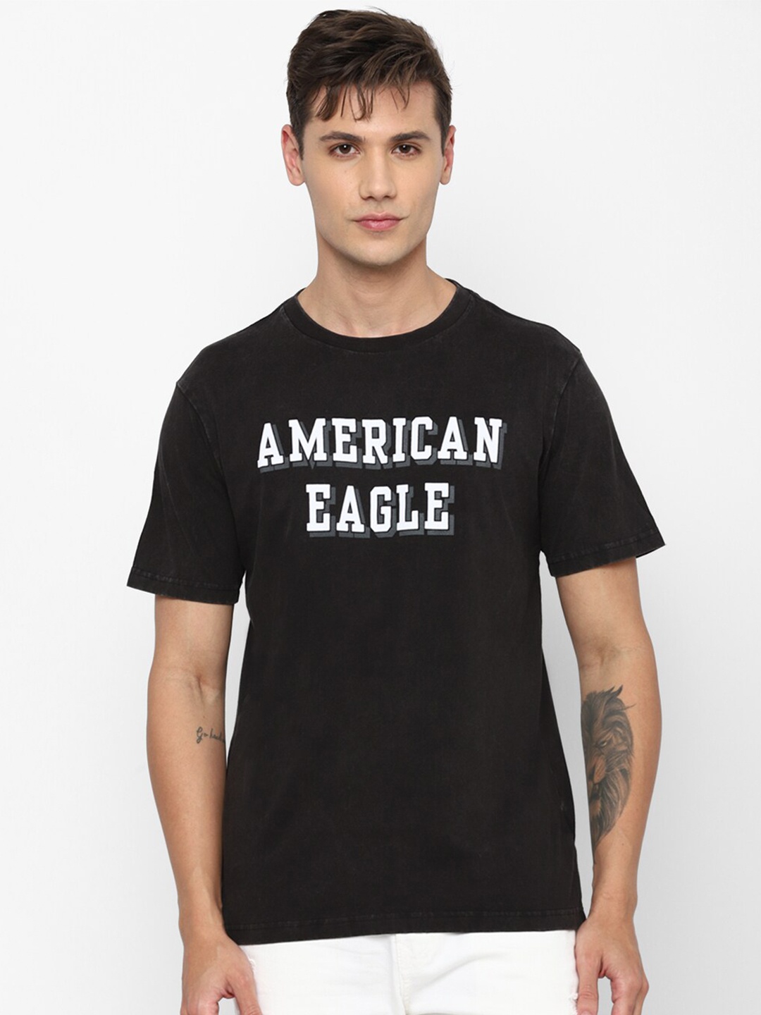 

AMERICAN EAGLE OUTFITTERS Men Typography Printed Pure Cotton T-shirt, Black