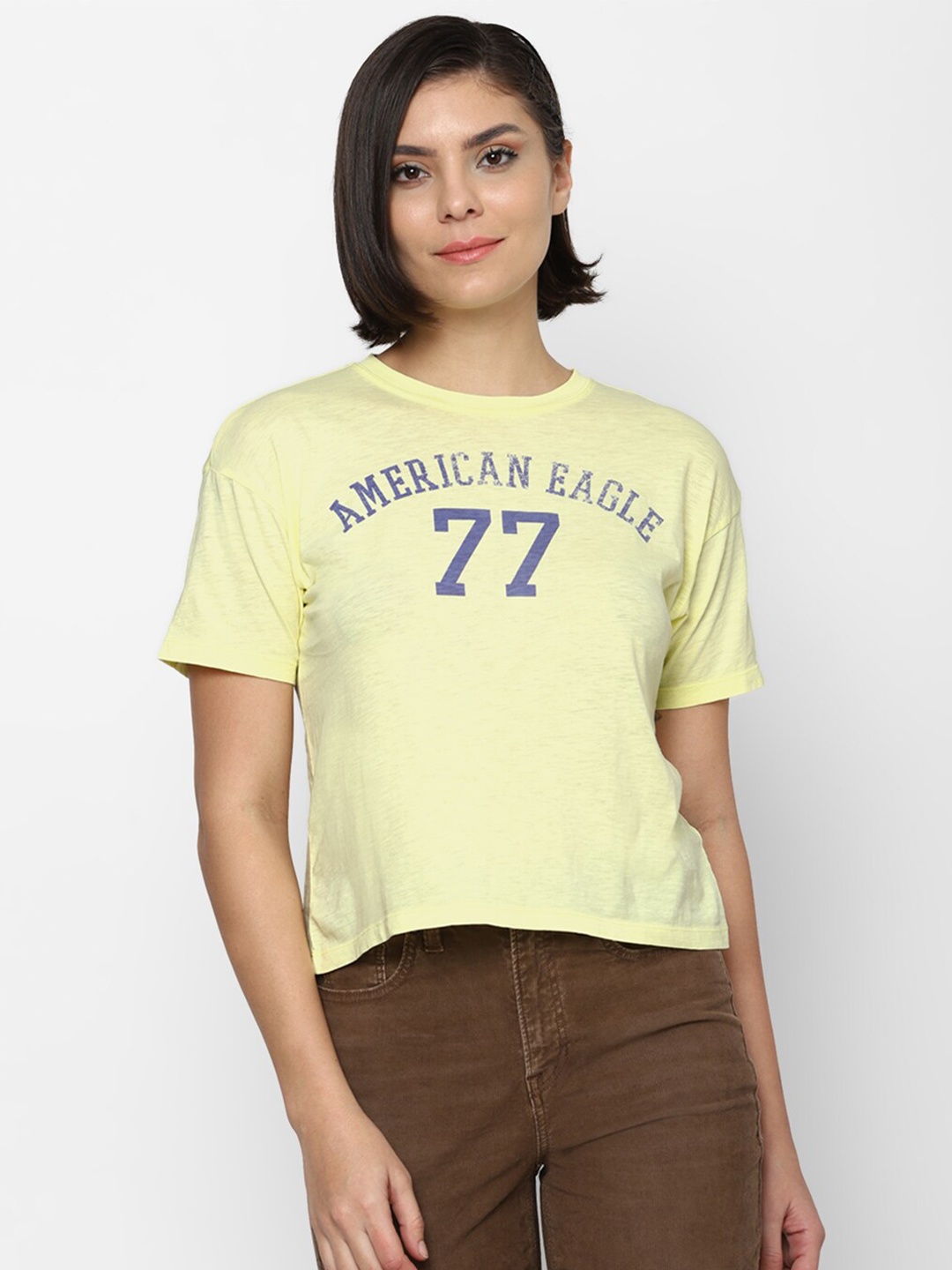 

AMERICAN EAGLE OUTFITTERS Women Cotton Yellow Typography Printed T-shirt