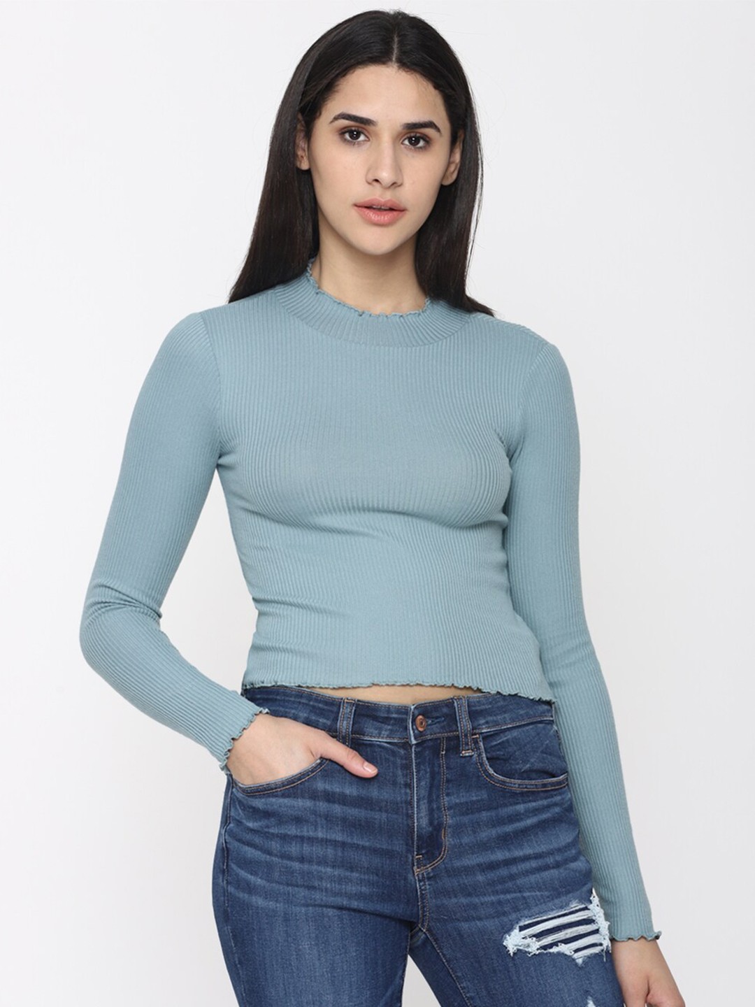 

AMERICAN EAGLE OUTFITTERS Women Blue Solid Slim Fit T-shirt