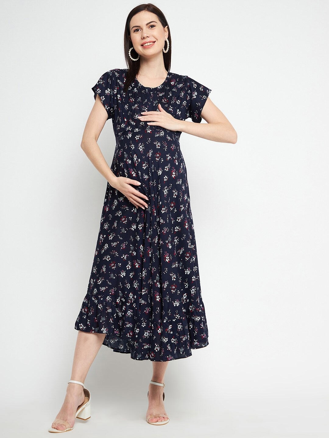

Hypernation Floral Maternity Midi Cotton Dress, Navy blue