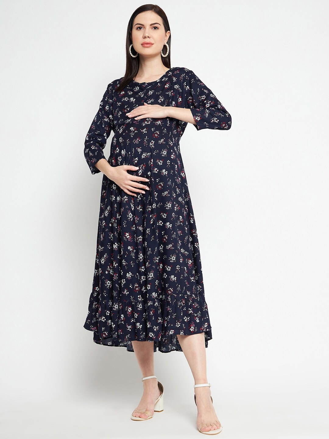 

Hypernation Floral Maternity Midi Cotton Dress, Navy blue