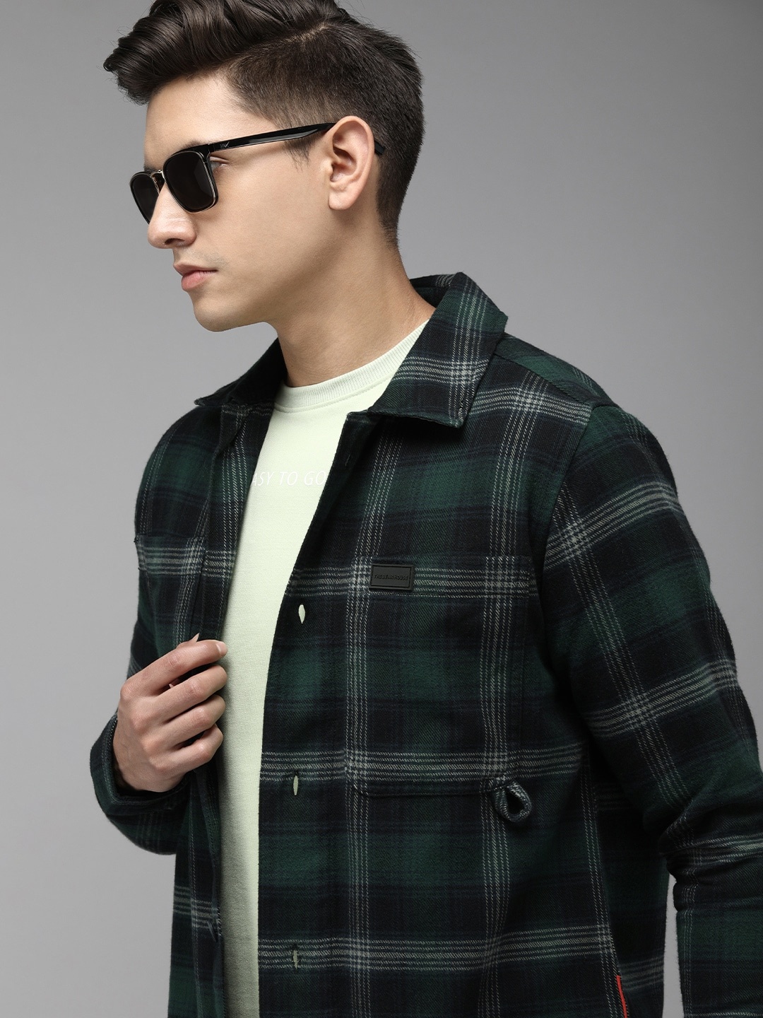 

THE BEAR HOUSE Men Checked Heavy Flannel Cotton Shacket, Green