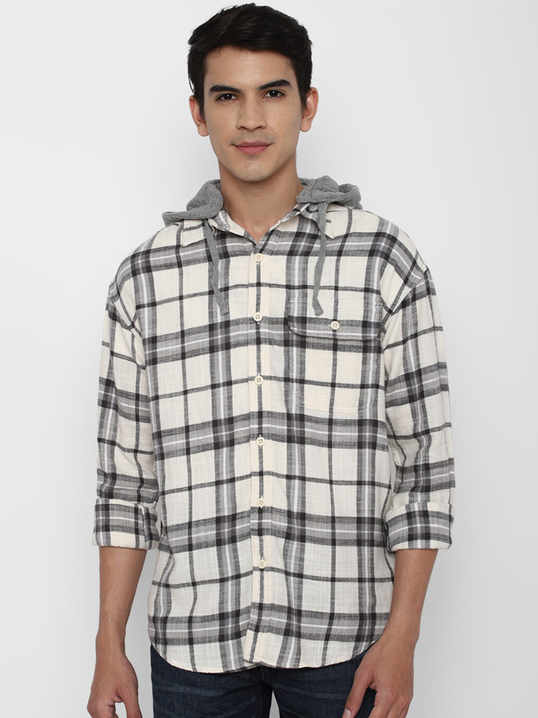 

AMERICAN EAGLE OUTFITTERS Men Tartan Checks Checked Cotton Hooded Casual Shirt, White