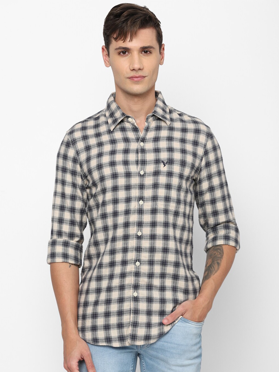 

AMERICAN EAGLE OUTFITTERS Slim Fit Checked Cotton Casual Shirt, White