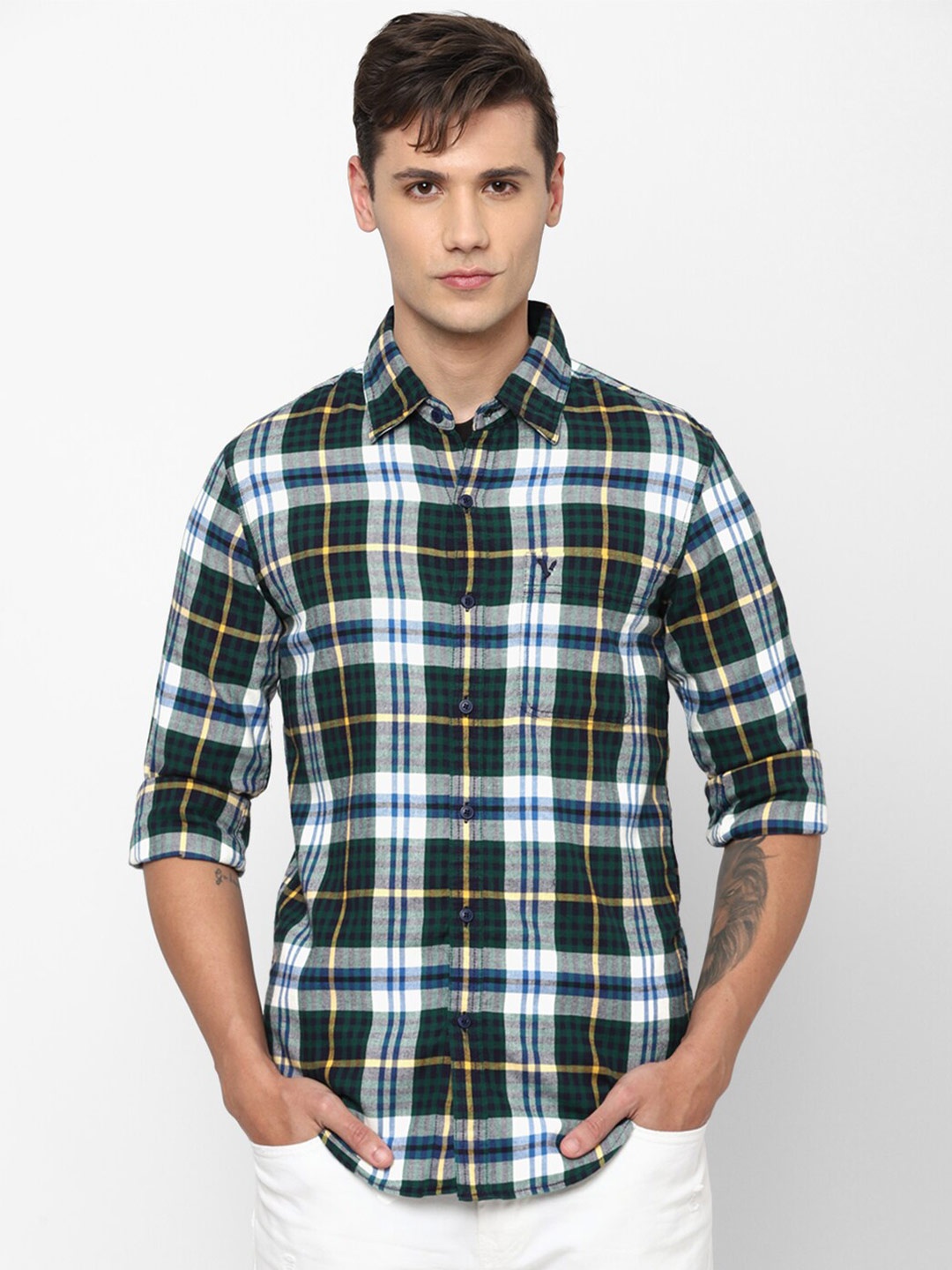 

AMERICAN EAGLE OUTFITTERS Men Slim Fit Tartan Checks Checked Cotton Casual Shirt, Green