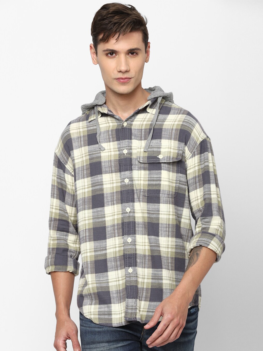 

AMERICAN EAGLE OUTFITTERS Men Tartan Checks Checked Cotton Hooded Casual Shirt, Blue