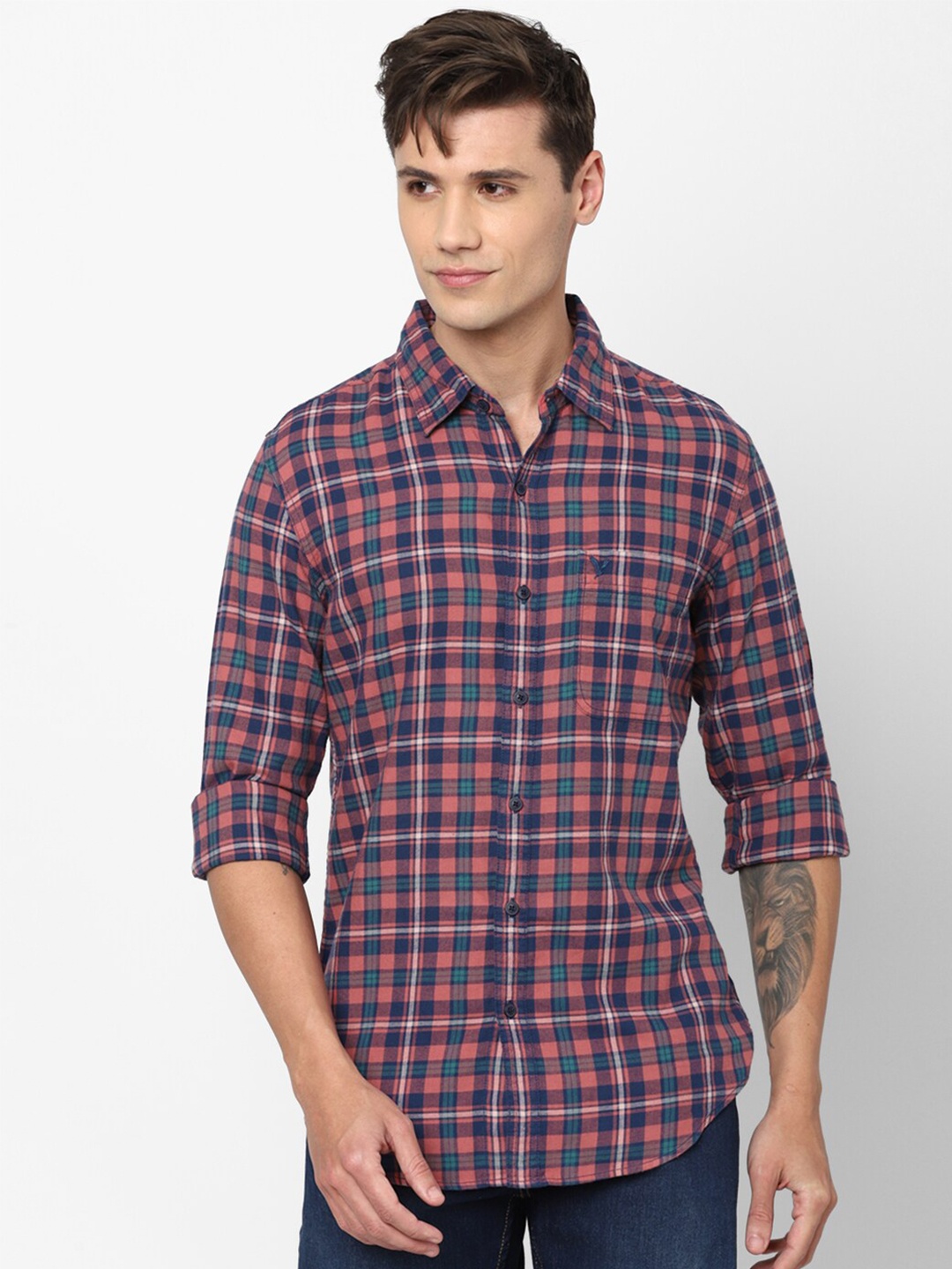 

AMERICAN EAGLE OUTFITTERS Men Slim Fit Tartan Checks Checked Cotton Casual Shirt, Pink