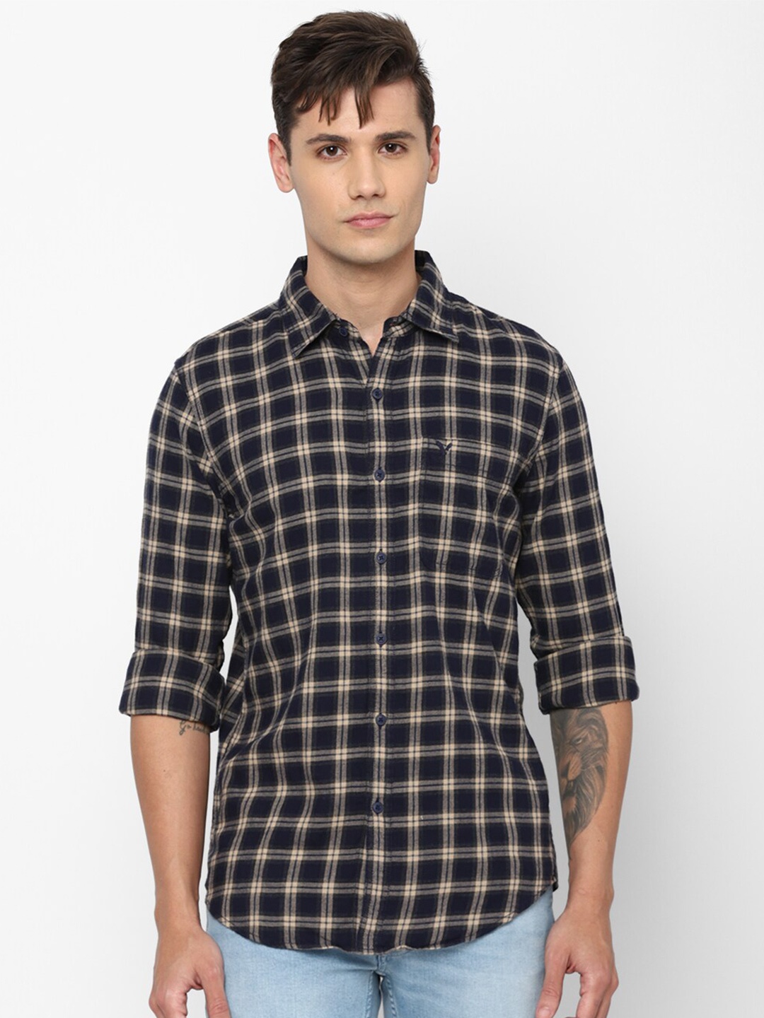 

AMERICAN EAGLE OUTFITTERS Men Slim Fit Tartan Checked Pure Cotton Casual Shirt, Blue