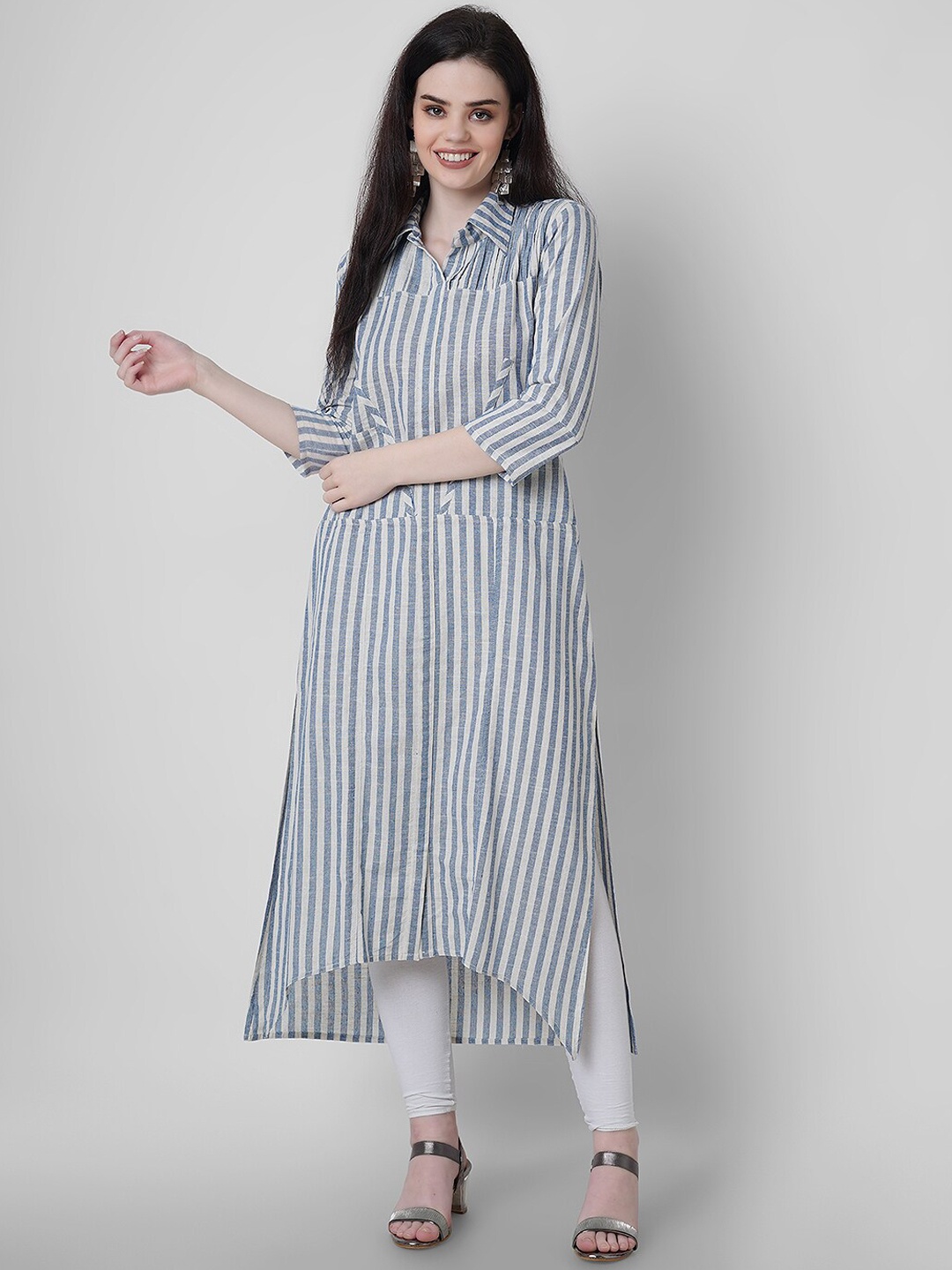 

Sanganeri Kurti Striped Thread Work High-Low Kurta, Grey