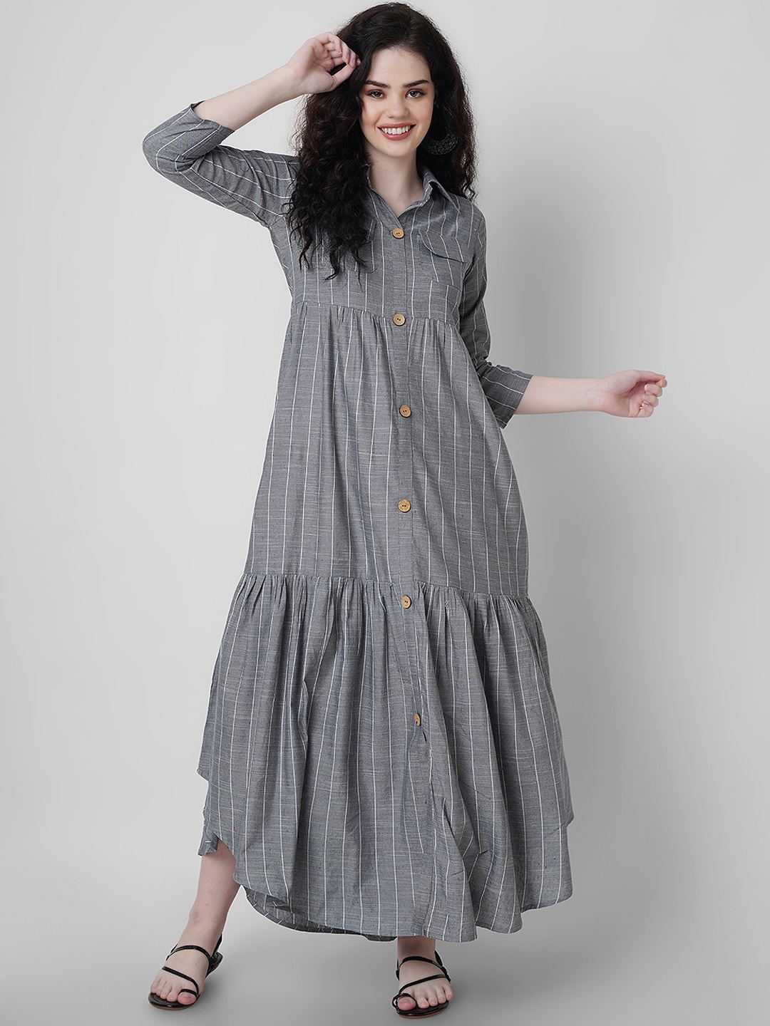 

Sanganeri Kurti Striped A-Line Cotton Maxi Dress, Grey