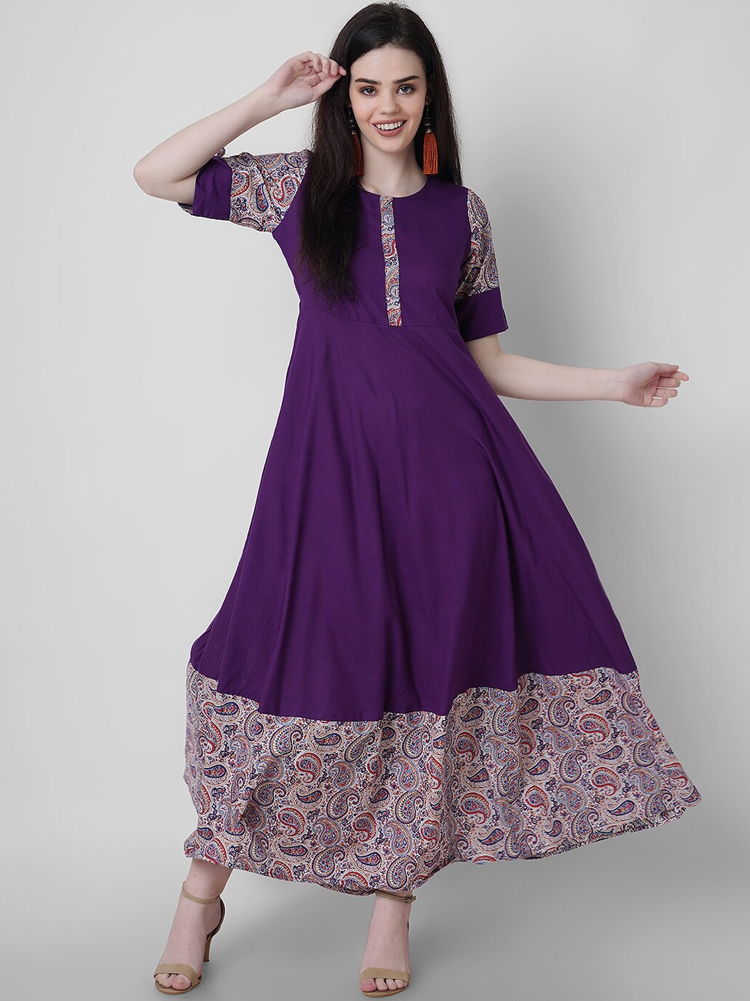 

Sanganeri Kurti Ethnic Motifs A-Line Maxi Dress, Purple