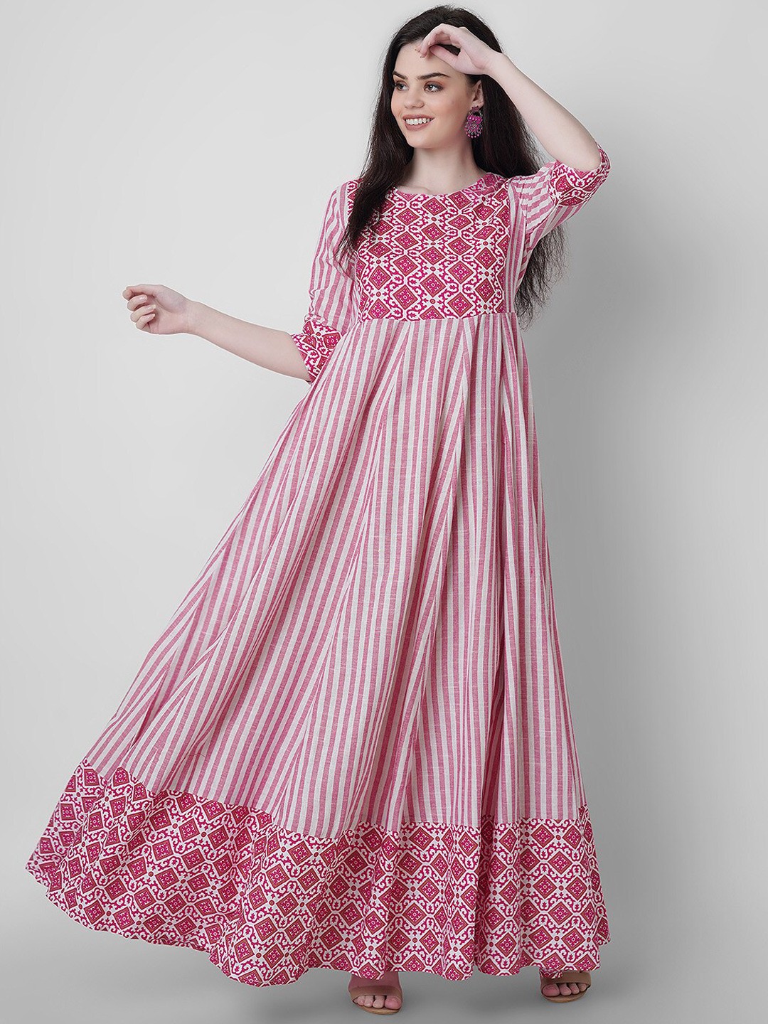 

Sanganeri Kurti Striped A-Line Cotton Maxi Dress, Pink