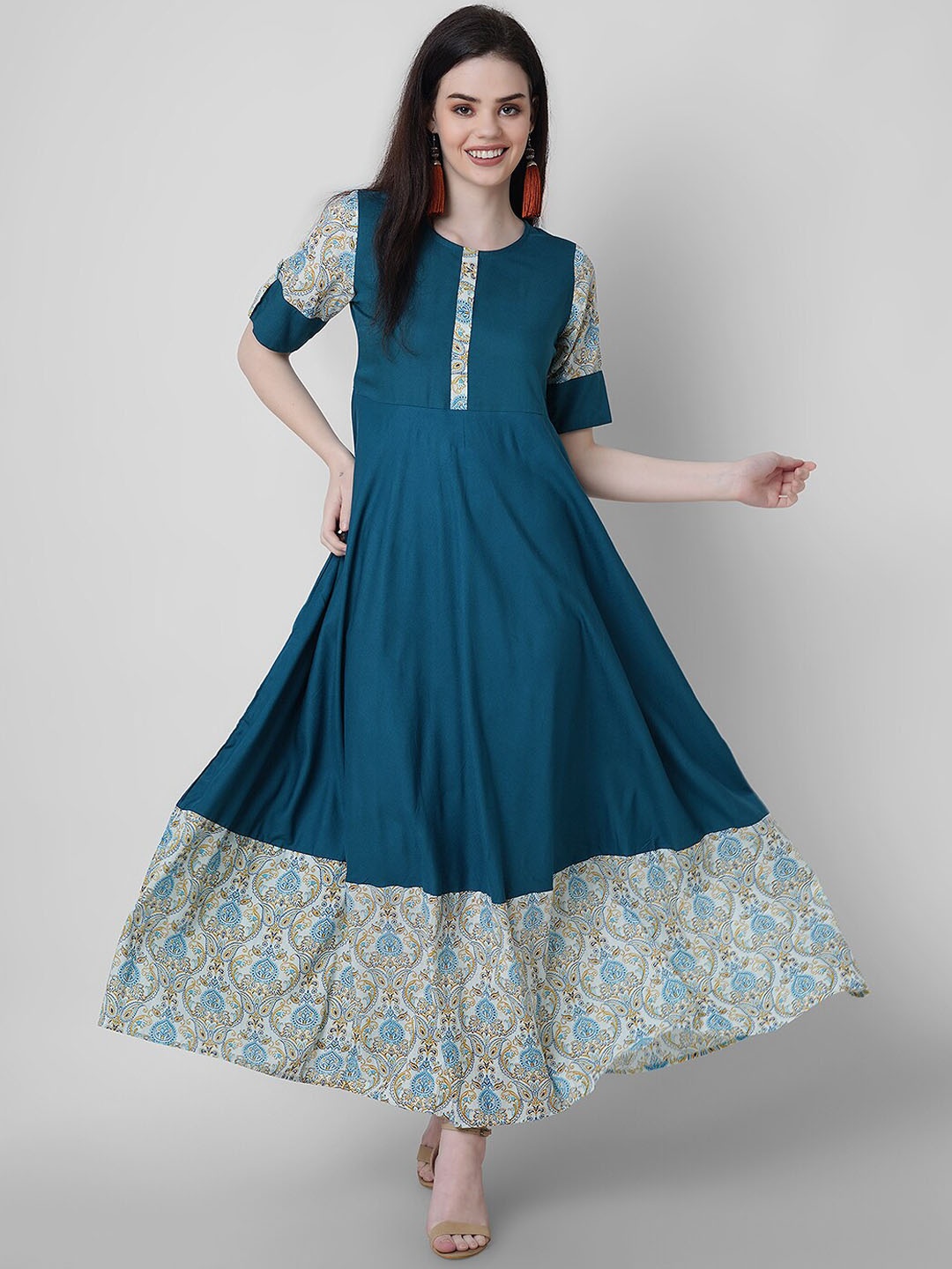 

Sanganeri Kurti Ethnic Motifs A-Line Maxi Dress, Blue