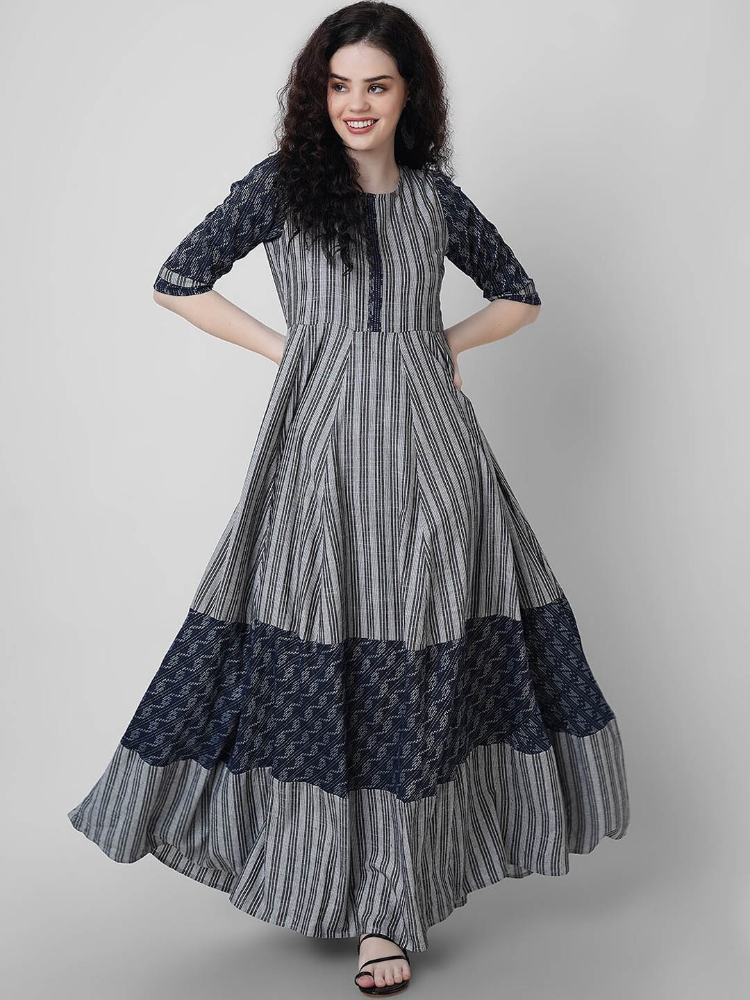 

Sanganeri Kurti Striped A-Line Cotton Maxi Dress, Grey