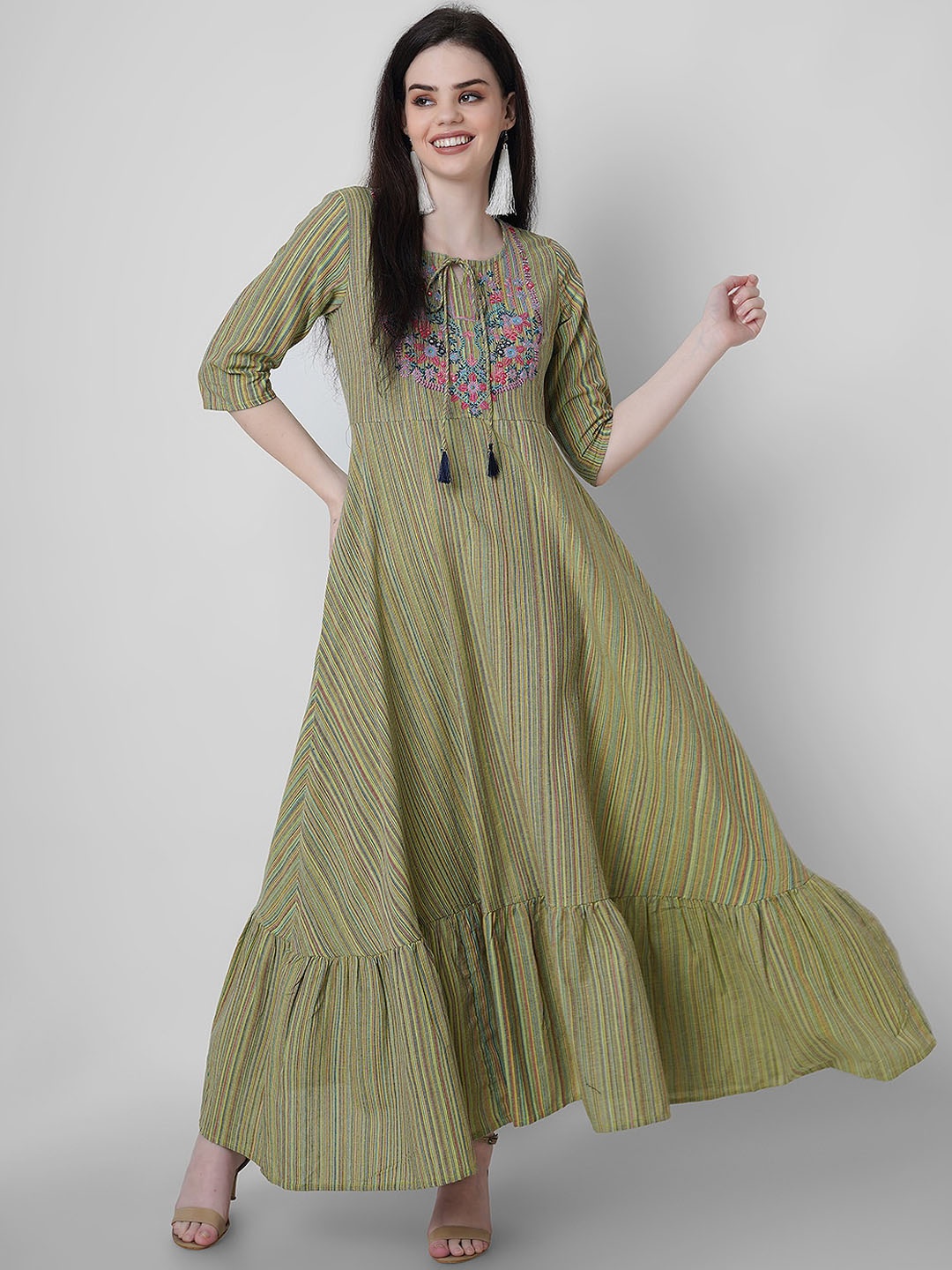 

Sanganeri Kurti Floral Embroidered Mirror Work Cotton Ethnic Maxi Dress, Green