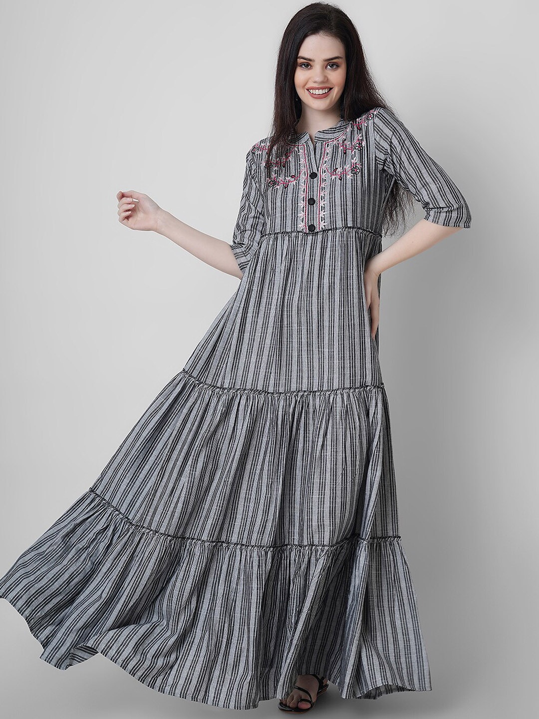 

Sanganeri Kurti Women Grey Striped Flared Sleeves Thread Work Kurta