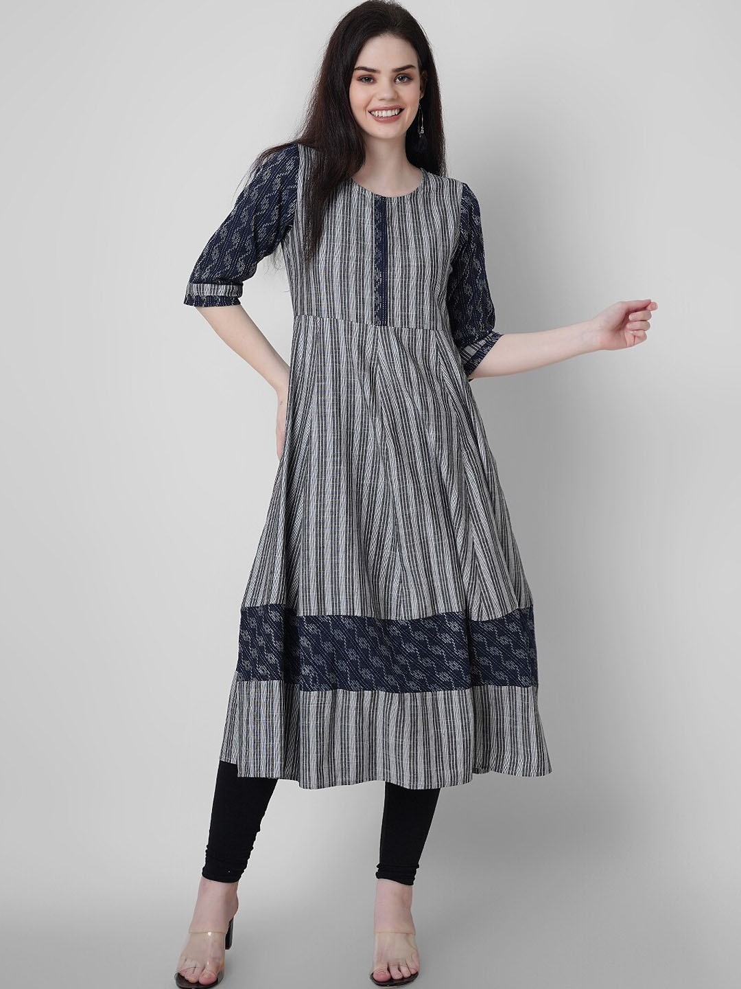 

Sanganeri Kurti Women Striped Pure Cotton Kurta, Grey