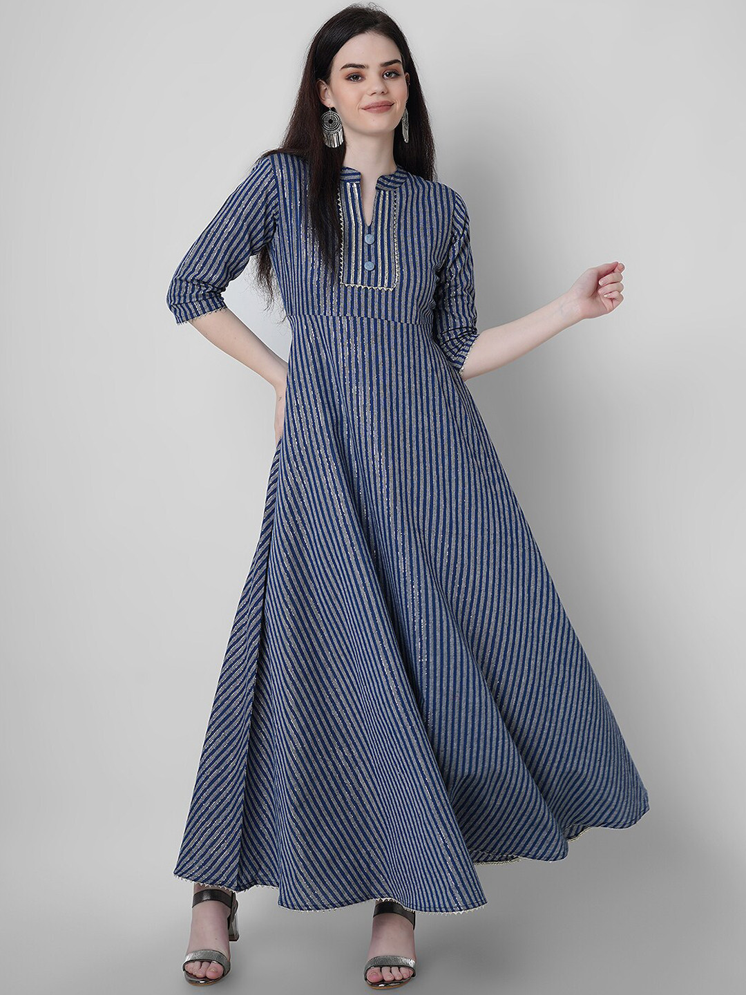 

Sanganeri Kurti Women Striped Pure Cotton Gown, Blue