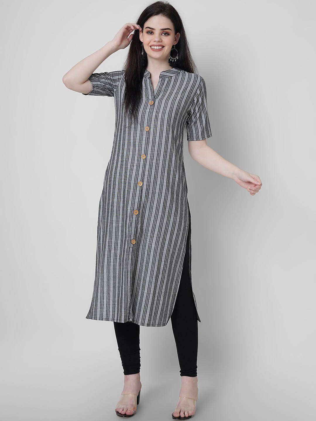 

Sanganeri Kurti Striped Mandarin Collar Pure Cotton Kurta, Grey