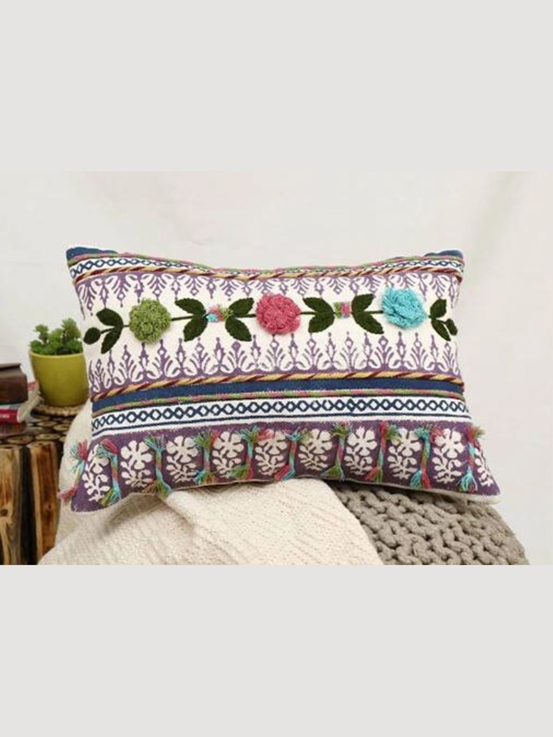 

HERE&NOW Beige & Green Floral Rectangle Cotton Cushion Covers
