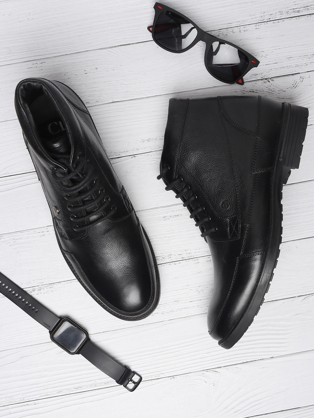 

Carlton London Men Leather Mid-Top Boots, Black